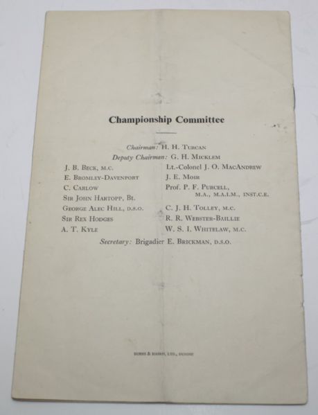 1953 Open Golf Championship Program for Competitors Only - Carnoustie HOGAN win !