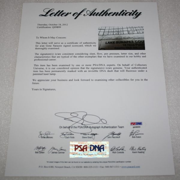 Gene Sarazen Signed Lake Sunapee Country Club Scorecard PSA/DNA Q09899