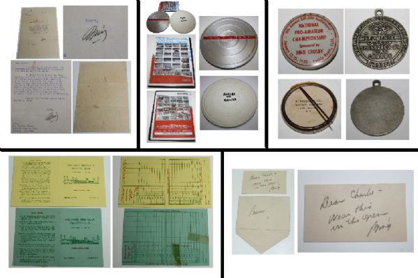 Bing Crosby Combination Lot: Letter, Note Card, Contestants Pins, Scorecards, Films