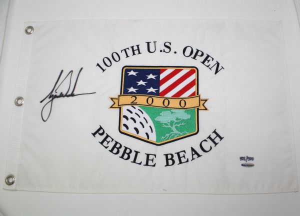 Tiger Woods Signed 100th US Open White Embroidered Flag UDA BAJ05001
