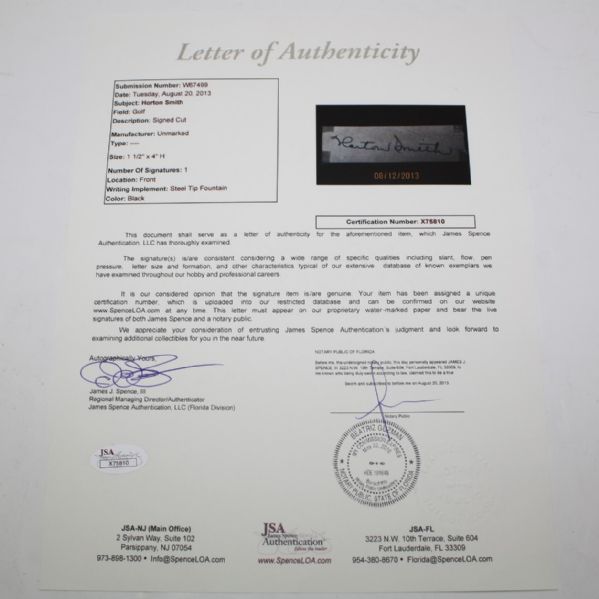 Horton Smith Signed Cut - JSA Full Letter Cert#X75810