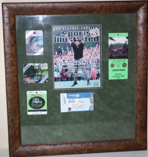 Phil Mickelson Signed SI with All 5 Major Tickets Surrounding - Framed PSA/DNA P35232