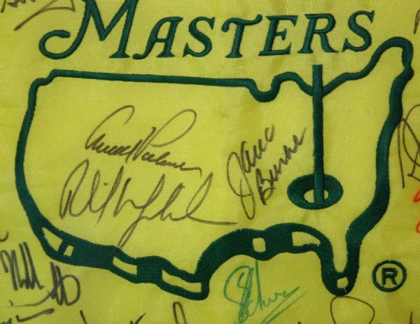 Masters Undated Flag Signed by 34 Champs - Deluxe Framed with UV Glass - JSA COA