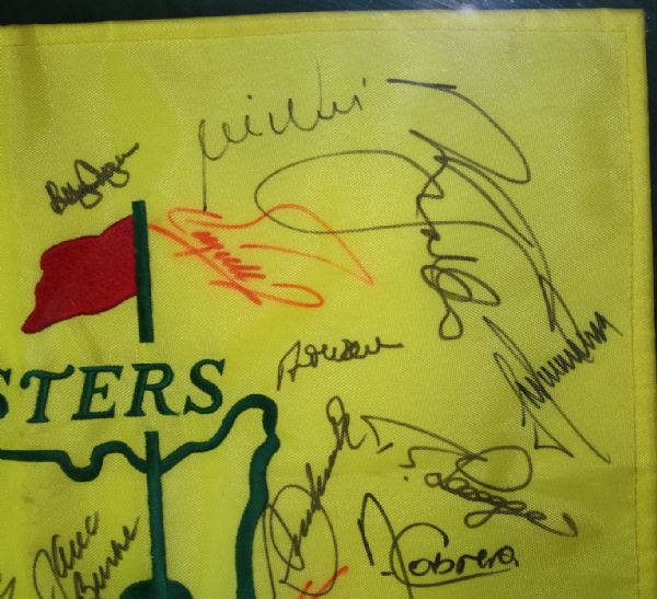 Masters Undated Flag Signed by 34 Champs - Deluxe Framed with UV Glass - JSA COA