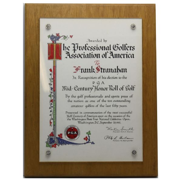 Mid-Century Honor Roll Golf Plaque Issued by PGA to Frank Stranahan