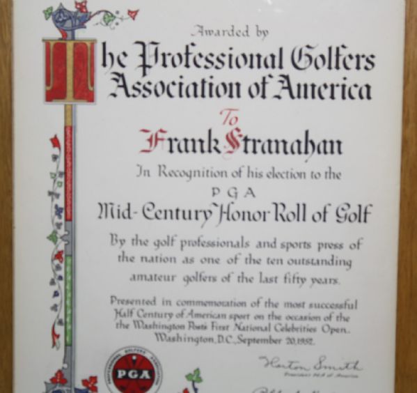 Mid-Century Honor Roll Golf Plaque Issued by PGA to Frank Stranahan
