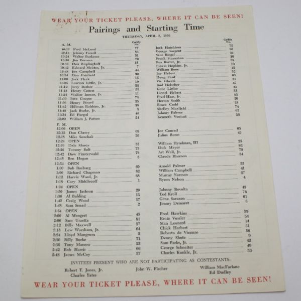 Full Set of 1956 Masters Pairing Sheets - April 5-9, 1956