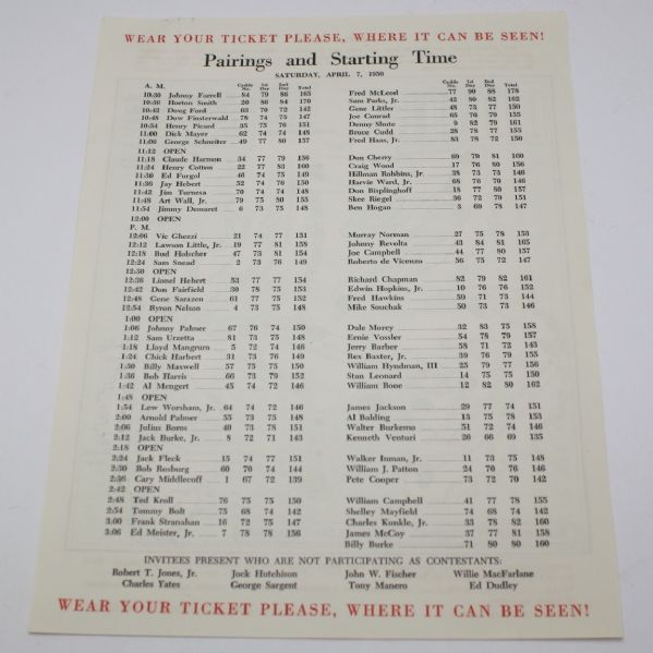 Full Set of 1956 Masters Pairing Sheets - April 5-9, 1956