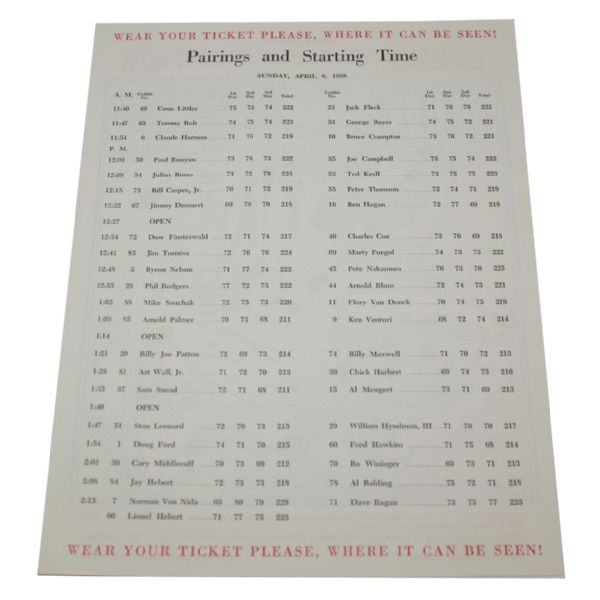 1958 Masters Sunday Pairing Sheet - April 6, 1958