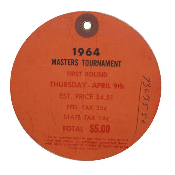 1964 Masters Ticket - Thursday April 9th - Arnold Palmer's 4th Masters Win 