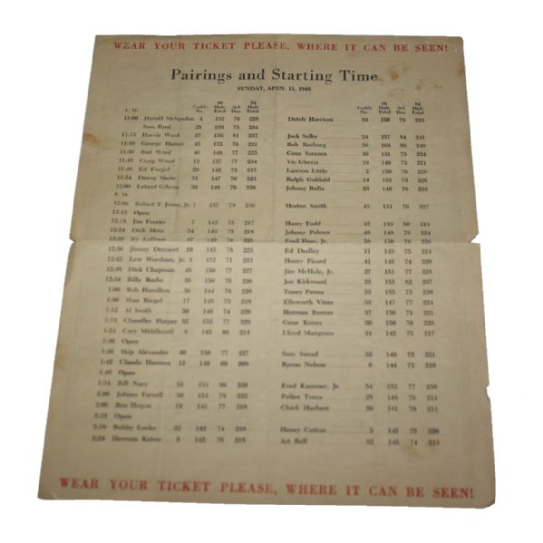 1948 Masters Sunday Pairing Sheet-Bobby Jones' Last Round In The Masters