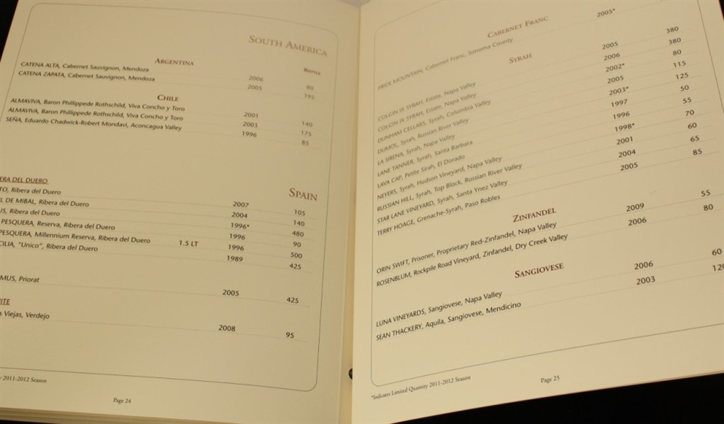Augusta National 32 Page Wine List from 2000's