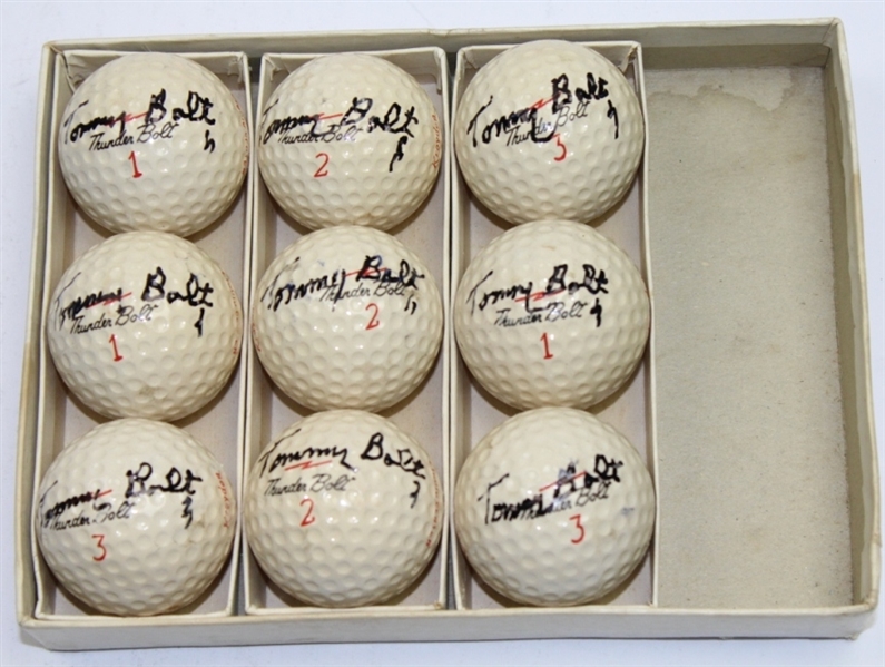 Lot of 14 Signed Tommy Bolt Kroydon and Torpedo Personal Model Golf Balls with Boxes 