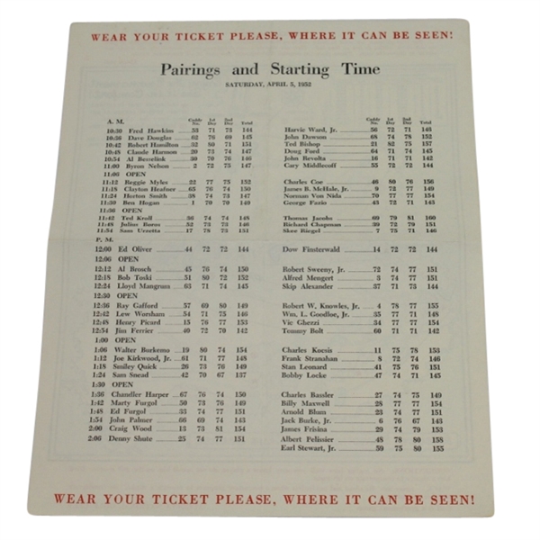 1952 Masters Saturday Pairing Sheet - Sam Snead Winner