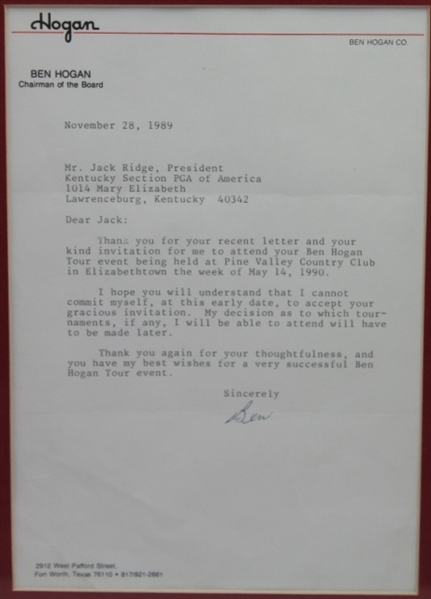 Ben Hogan Signed 1990 Letter to Jack Ridge - Ben Hogan Tour Event Content