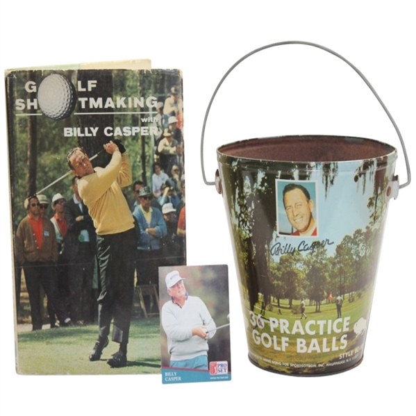 Billy Casper Lot of Practice Bucket, 1st Ed. Book 'Golf Shotmaking', and Card