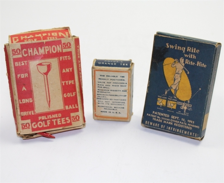 Three Boxes of Vintage Golf Tees - Rite Hite, Champion, and Pryde's Orange Tees