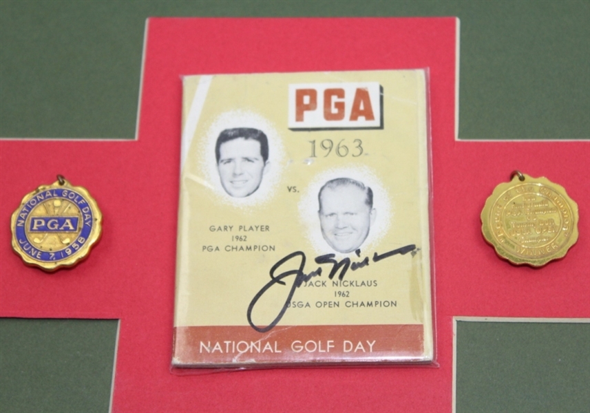 Jack Nicklaus Signed 1963 National Golf Day Booklet Plus Two Golf Day Medals ('58 & '59) JSA COA