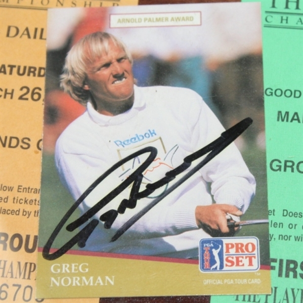 Greg Norman Signed 1991 Pro-Set Golf Card Plus Two 1994 Players Tickets JSA COA