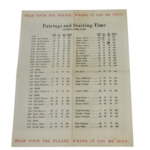 1946 Masters Saturday Pairing Sheet - Herman Keiser Winner