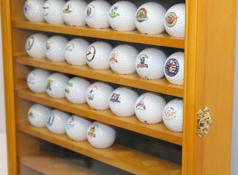 1985-2016 US Open Logo Ball Set in Wood with Glass Display Case