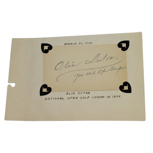Olin Dutra Vintage Signed 3x5 Cut W/ Win Notation-1932 PGA & 1934 U.S. Open Champion- JSA COA