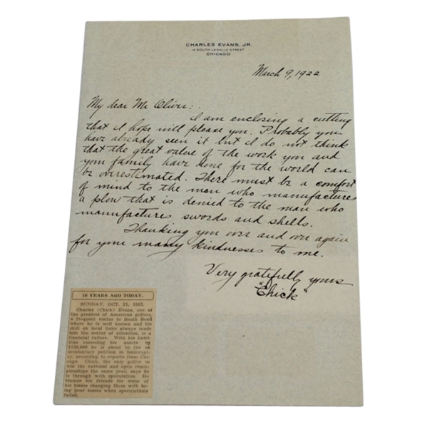 Chick Evans Signed March 9, 1922 Letter FULL JSA #Y33882