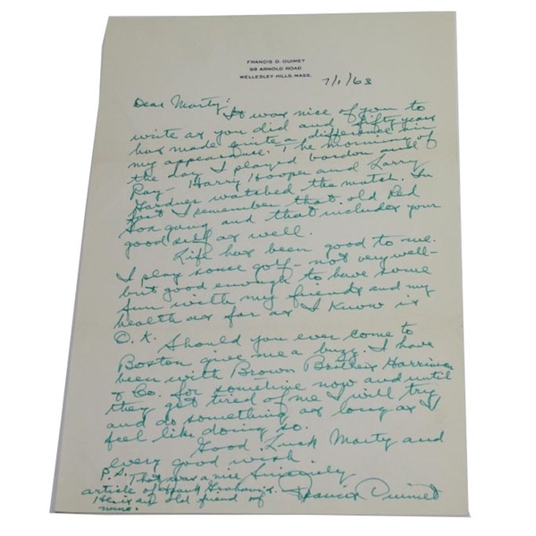Francis Ouimet Handwritten Letter (50th Anniv. U.S.Open Win) To Bos. Red Sox-Great Content!