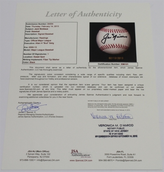 Jack Nicklaus Signed Baseball JSA #X96121