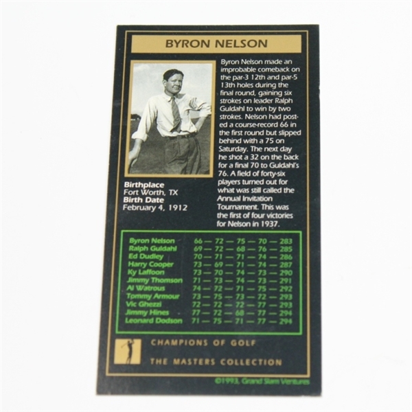 Byron Nelson Signed 1937 GSV Golf Card JSA COA