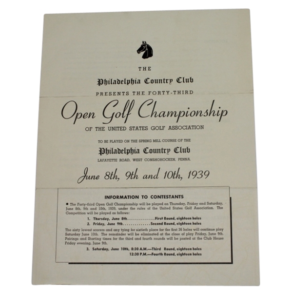 1939 US Open Championship at Philadelphia CC Contestant Info Booklet-Byron Nelson Win