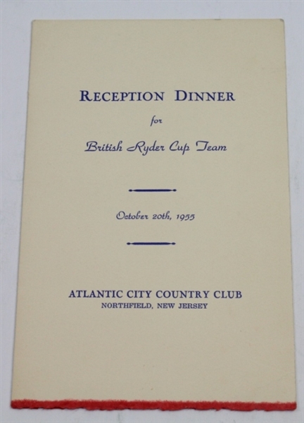 1955 Reception Dinner Menu for British Ryder Cup Team at Atlantic City CC