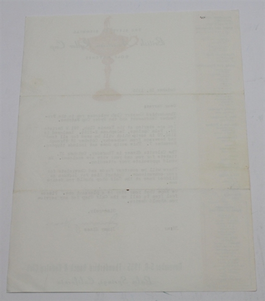 Official 1955 Ryder Cup Letter from Host Pro Jimmy Hines at Thunderbird Ranch CC