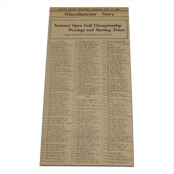 1928 US Open Full Pairing List Newspaper Article