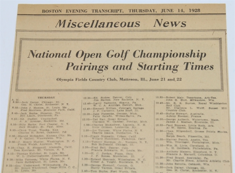 1928 US Open Full Pairing List Newspaper Article