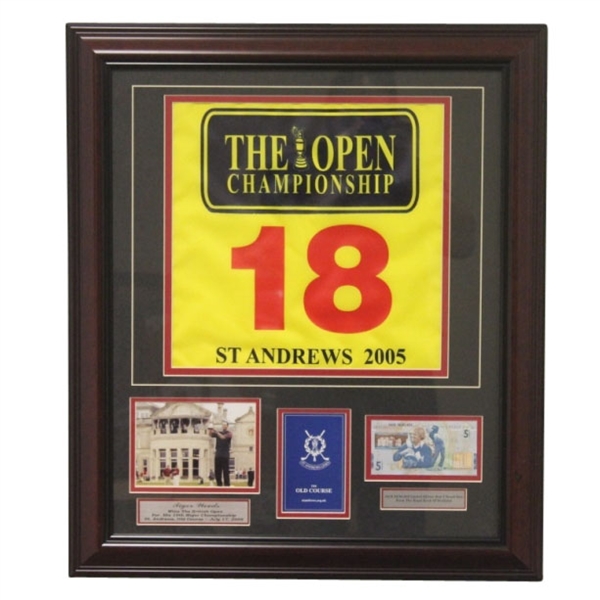 Tiger Woods 2005 British Open Flag, RBS 5lb Note, Photo, Scorecard Display - Framed