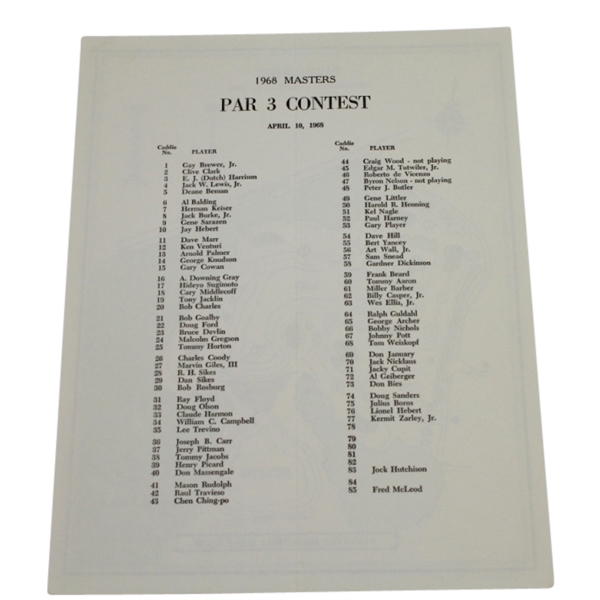 1968 Masters Par 3 Contest Pairing Sheet - Bob Rosburg Winner