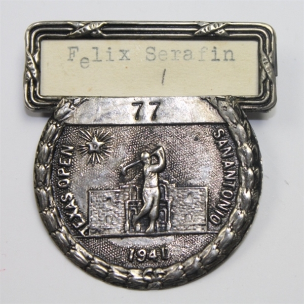 Felix Serafin's 1941 Texas Open Contestant Badge #77 with Guest Badge