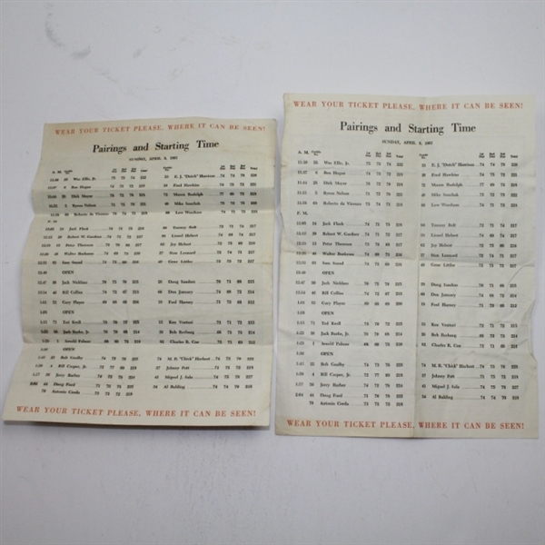 Lot of Two 1961 Masters Sunday Pairing Sheets - Gary Player Winner