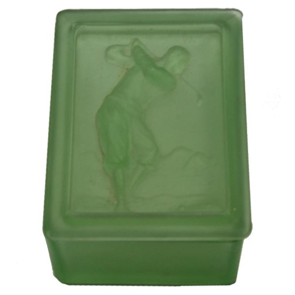 Two Piece (Box & Lid) Bobby Jones Era Golfer Depiction on Green Opaque Glass 