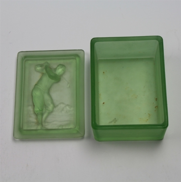 Two Piece (Box & Lid) Bobby Jones Era Golfer Depiction on Green Opaque Glass 