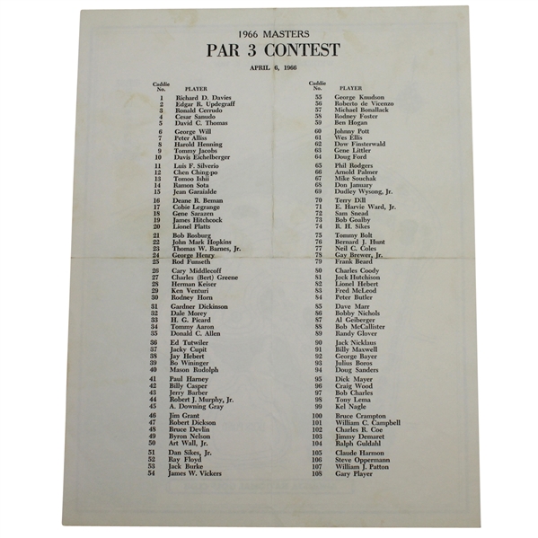 1966 Masters Par 3 Tournament Pairing Sheet
