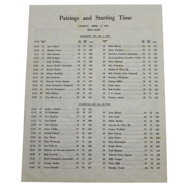 1973 Masters Par 3 Tournament Pairing Sheet