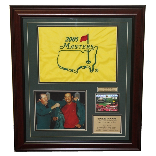 Tiger Woods 2005 Framed Masters Display - Ticket, Photo, and Flag