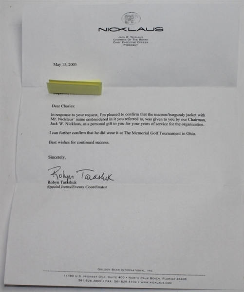 Jack Nicklaus Personally Tailored Memorial Tournament Jacket With Authentication Letter