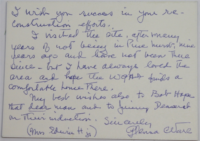 Glenna Collett-Vare Personal Hand Written Note to Legend John Derr JSA COA