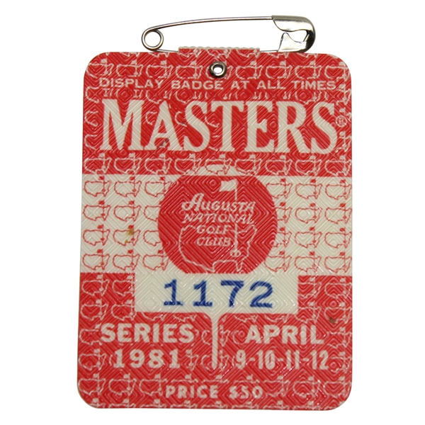 1981 Masters Tournament Badge #1172 - Tom Watson 2nd Masters Victory
