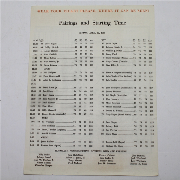 1964 Masters SUNDAY Pairing Sheet - Arnold Palmer's Record Setting 4th Win