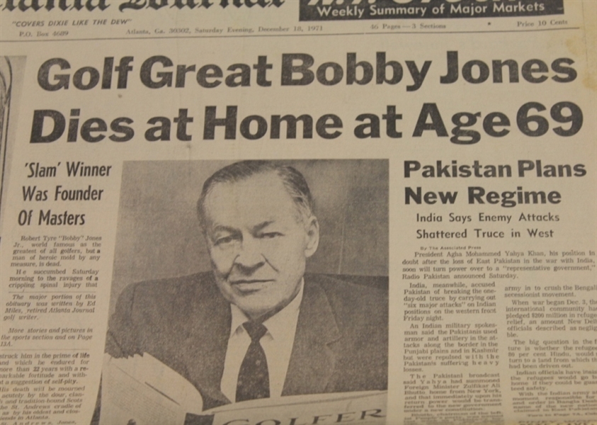 Decemer 18, 1971 The Atlanta Journal Bobby Jones Death Headline Newspaper