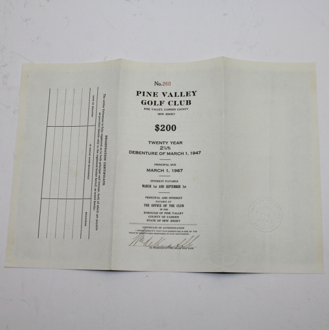 Lot Detail - 1947 Pine Valley Golf Club Bond Certificate ...